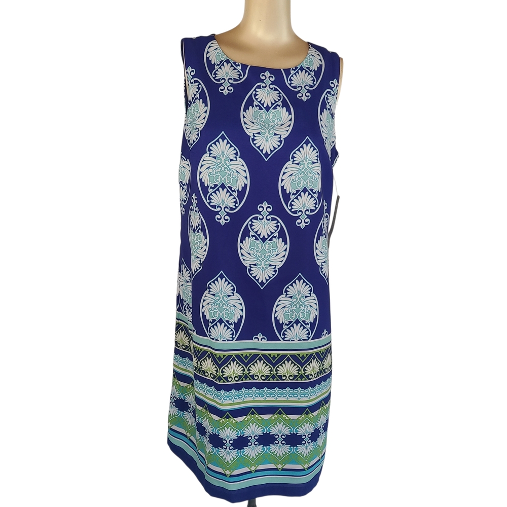 Madison Leigh Blue Geometric Damask Sleeveless Shift Dress 8 NWT